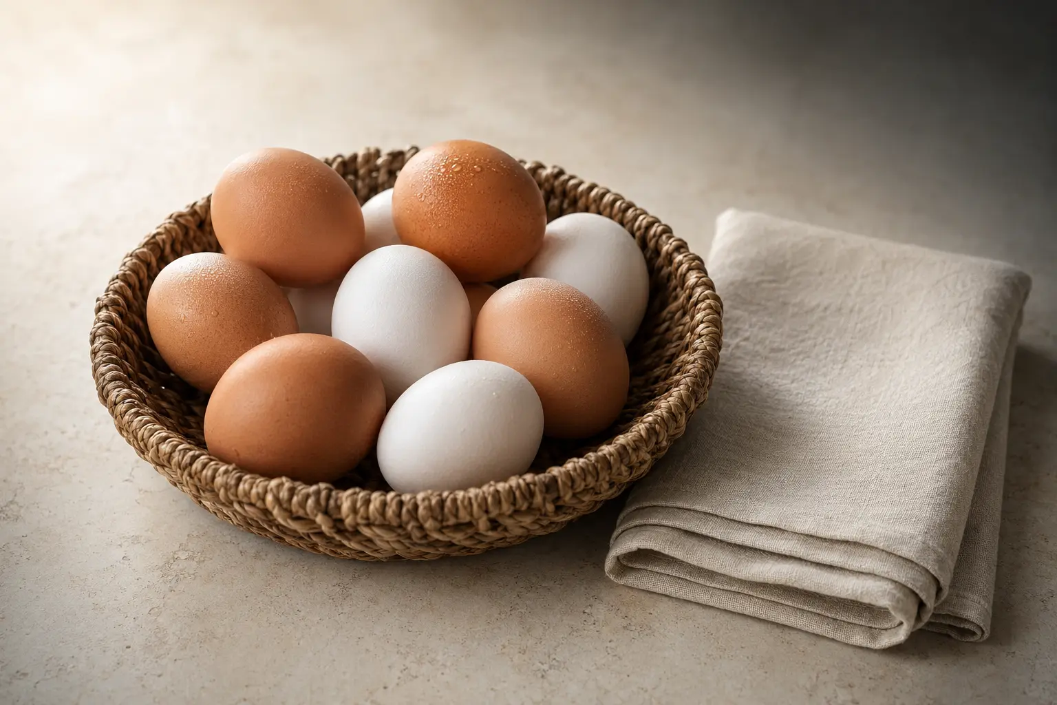 Œufs conservés dans un panier en fibres naturelles