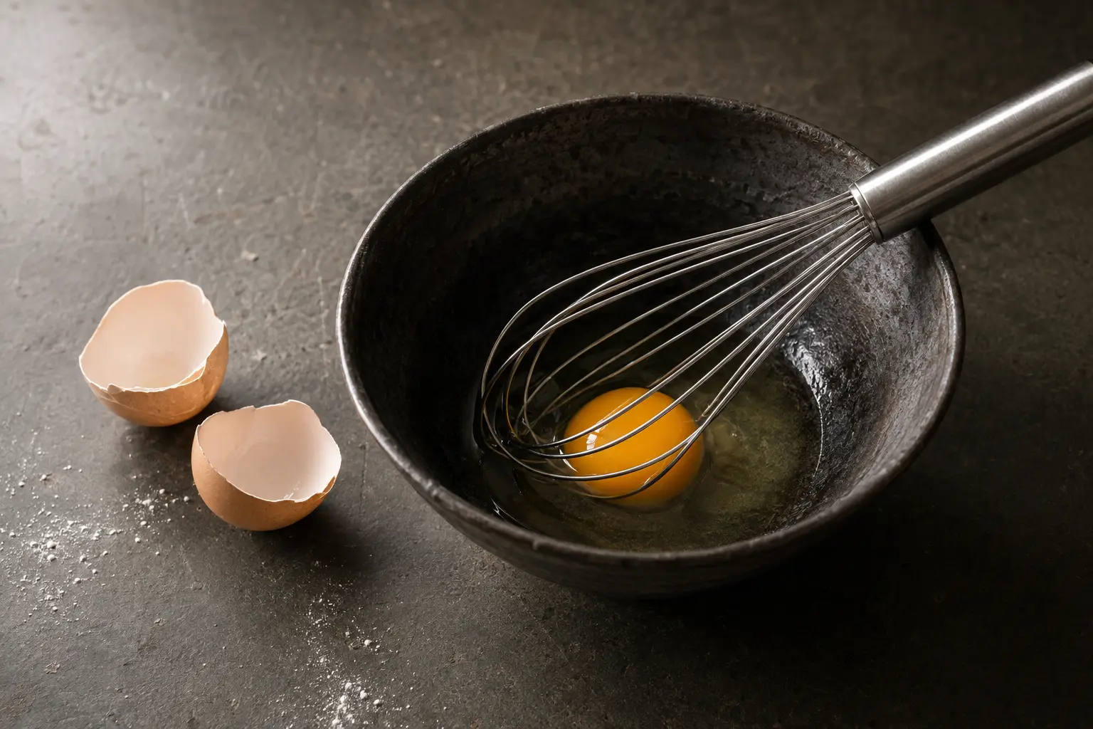 Fouet et œuf dans un bol de cuisine